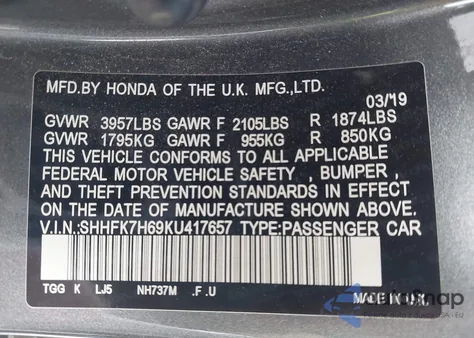 2019 Honda Civic Ex z USA, uszkodzony, nr VIN SHHFK7H69KU417657